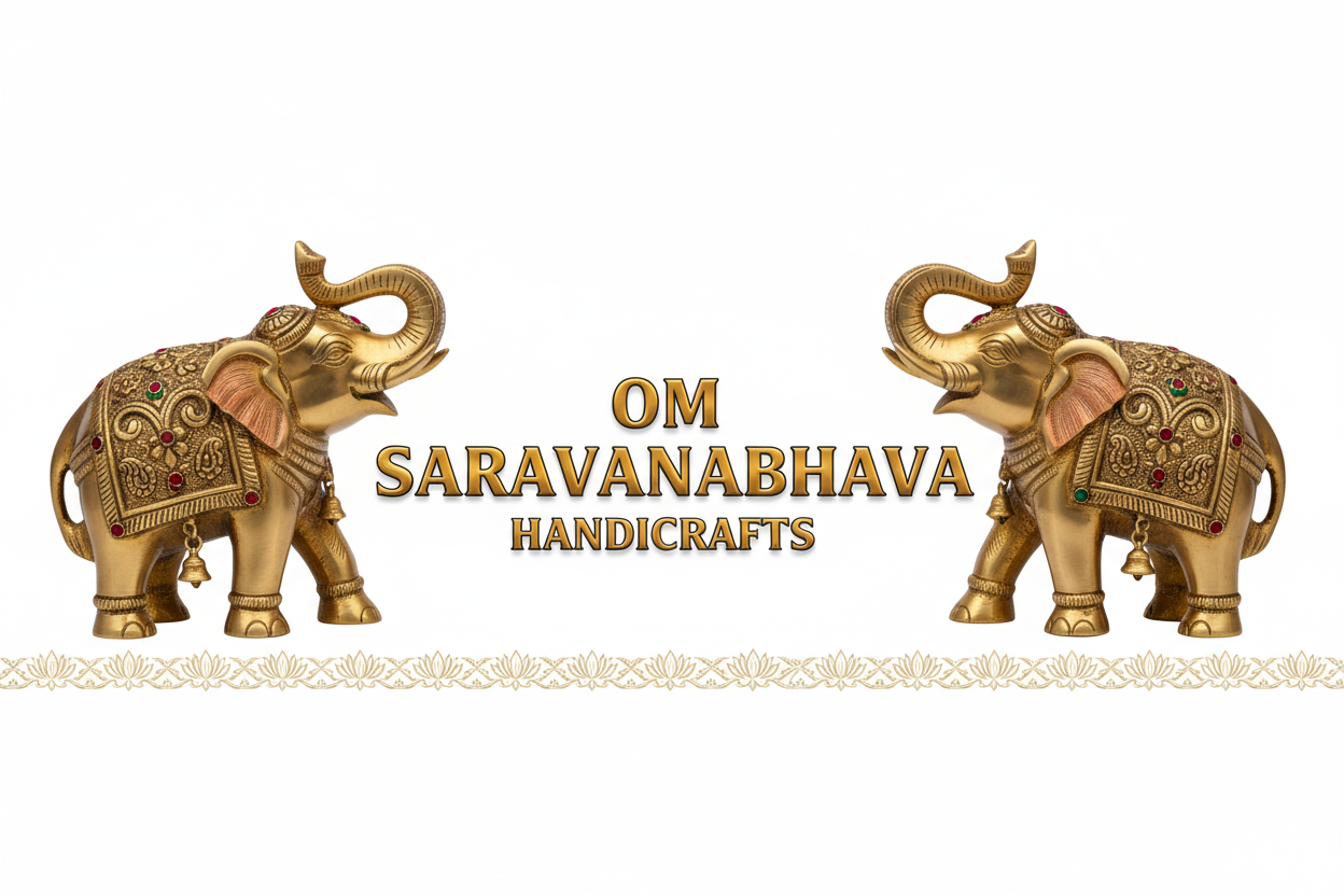 Generate only text with brass pooja items like elephant in both sides with tusks lift. The shop name is "OM SARAVANABHAVA HANDICRAFTS"